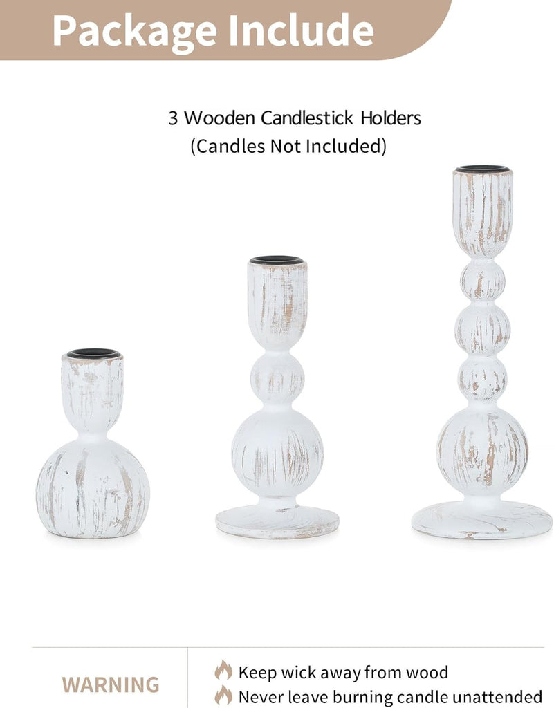Taper Candle Holders Decor: Set of 3 Wooden Candlestick Holders Mantel Decor - Boho Farmhouse Rustic White