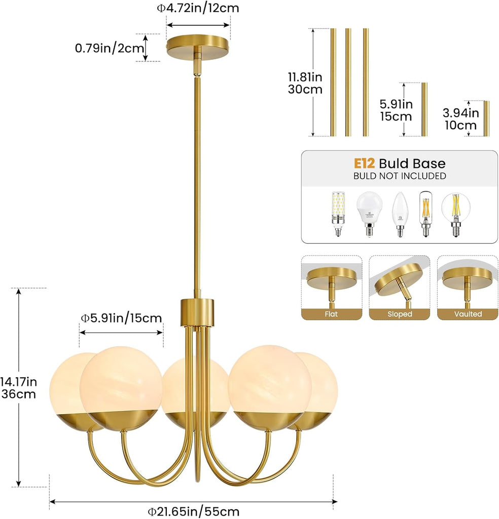 5-Light Modern Gold Chandelier, Mid Century Sputnik Globe Pendant Light with Milk White Glass Shades, Height