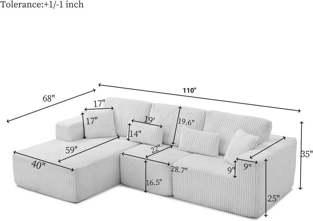 110" Cloud Sectional Couch, Modular Sectional Sofa with Deep Seat, Corduroy Upholstered Boneless Couch Bedroom, Left