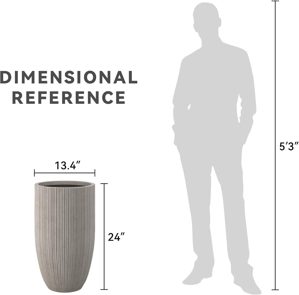 Small Round Tapered Weathered Concrete Planter 24" Tall, Outdoor | Fluted, Rubber Plug for Indoor, Drainage for