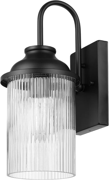 1-Light Outdoor Wall Sconce, Matte Black, Ribbed Glass Shade, Porch Light, Wall Lights for Living Room, Patio Decor, Apartment Essentials, Outside House Lights