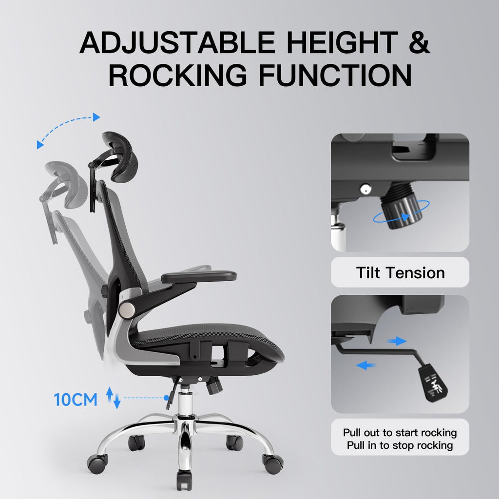 Ergonomic, Mesh Desk Chair with 3D Armrests, Adjustable Lumbar Support and Headrest, 90-120° Rocking Function, Black