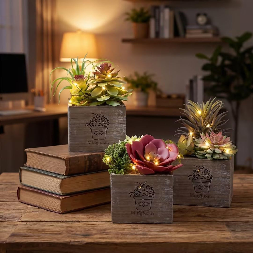 Small Fake Plants, Succulent Plants Artificial with Led Lights 3 Pack | Fake Succulents Decor Artificial Plants