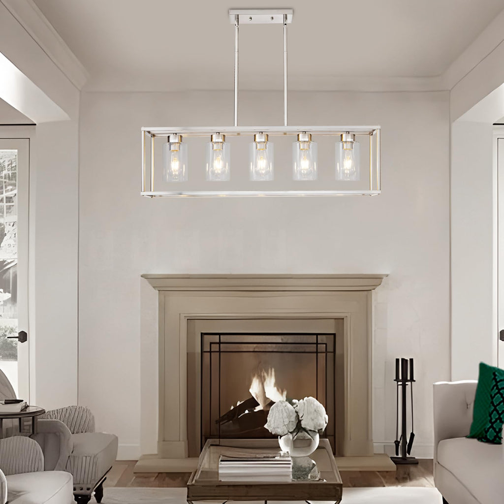 5 Light Dining Room Light Fixture Rectangular Modern Farmhouse Chandelier Brushed Nickel Linear Hanging Pendant