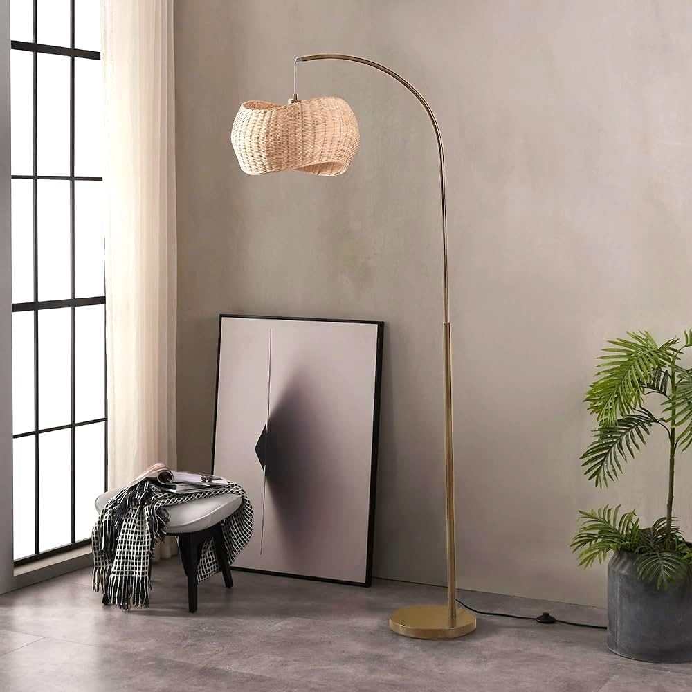 Wave Arc Floor Lamp - Chic Standing Lamp with Unique Hanging Wicker Pendant Shade, Boho Rattan Natural Decor Lamp