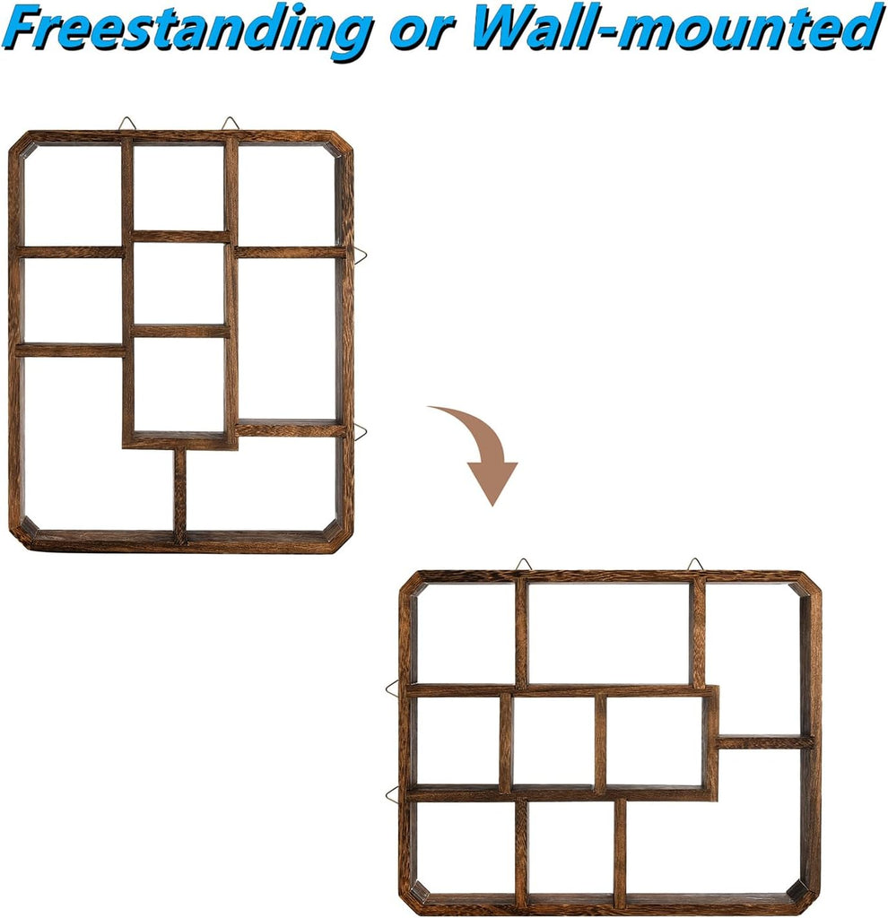 Rustic Shadow Box Display Shelf, 9 Compartments Wood Hanging Display Floating Shelves, Multi-Slot Wall Mounted or