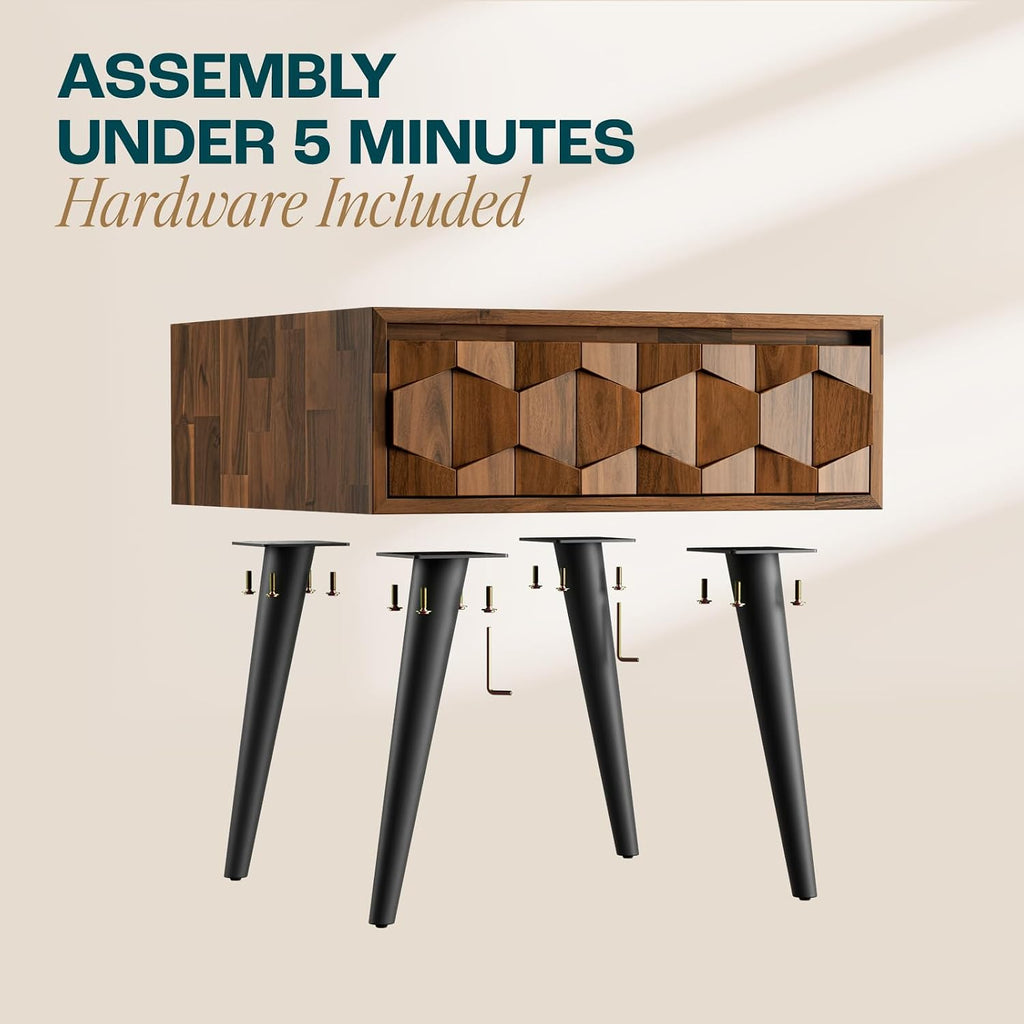 Georgina Solid Wood Nightstands with Drawers - Fully Assembled Rustic Geometric Pattern Bedside Cabinet - Mid Century
