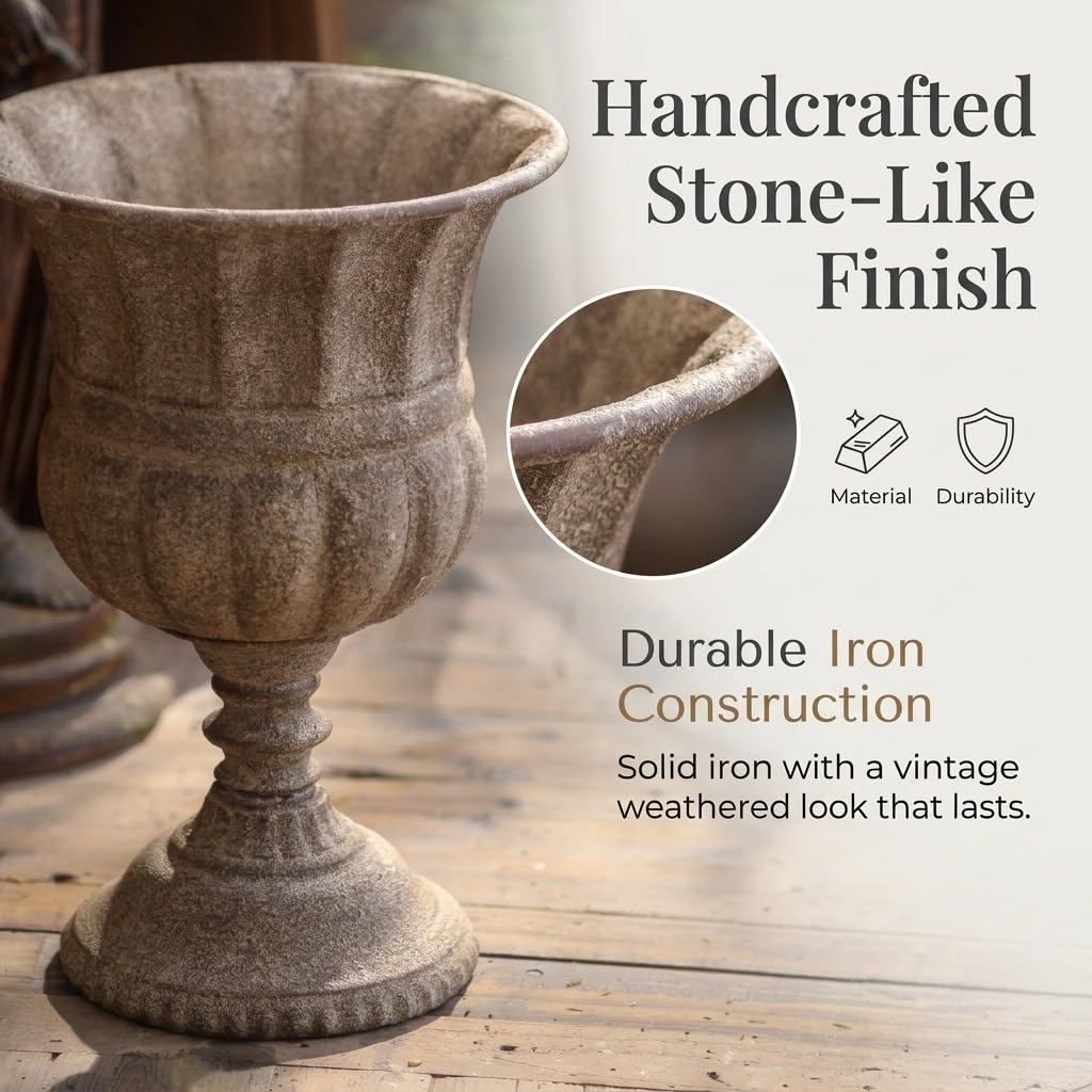 Vintage Urn Planter with Embossed Pattern, Imitation Stone Finish Flower Pot, Distressed Classic Plant Pot for