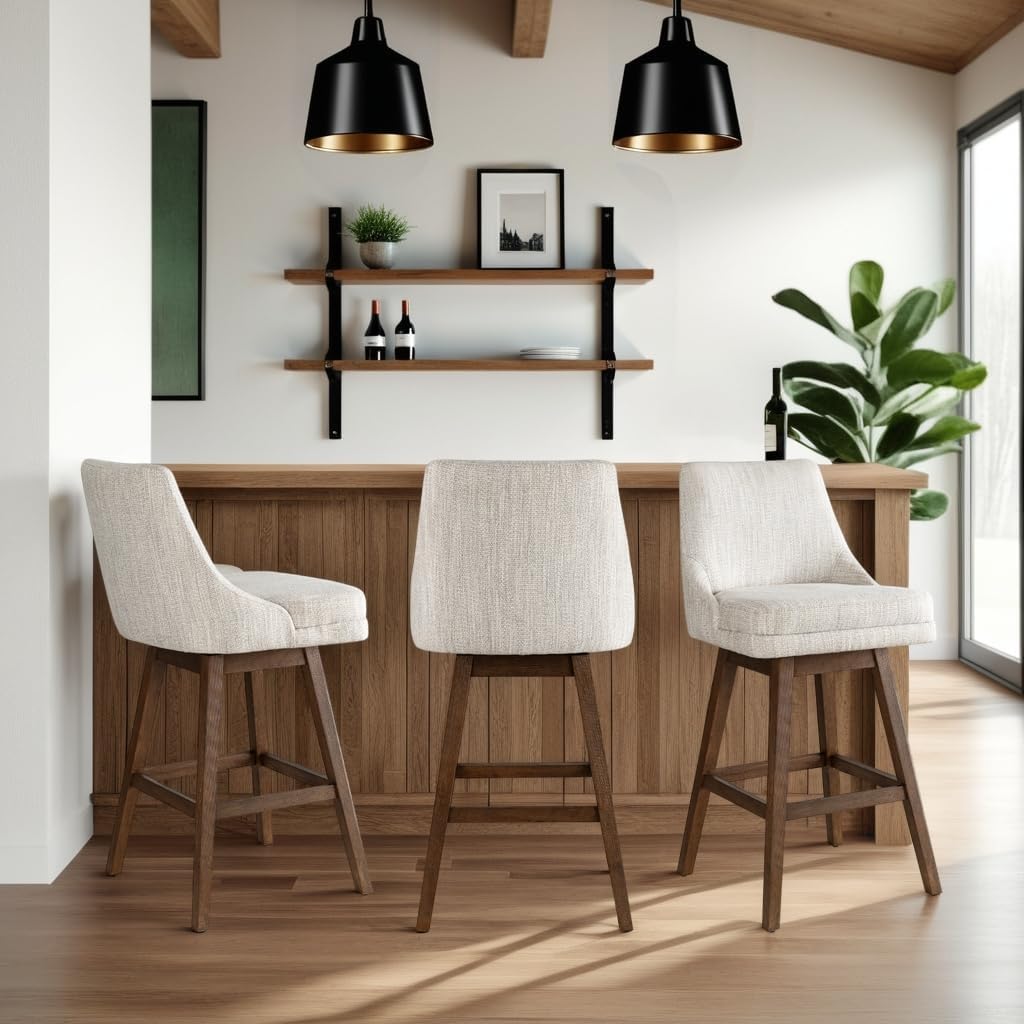 Branson Brown Solid Wood Upholstered 30" Bar Height Swivel Barstool with Beige Fabric Seat - Set of 2