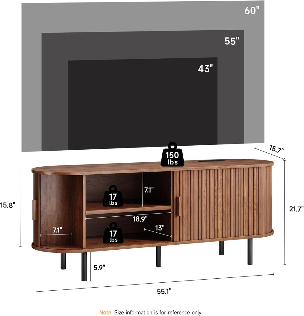 55" TV Stand with Power Outlet, Mid-Century Modern Television Stand, Fluted Media Console with Sliding Doors