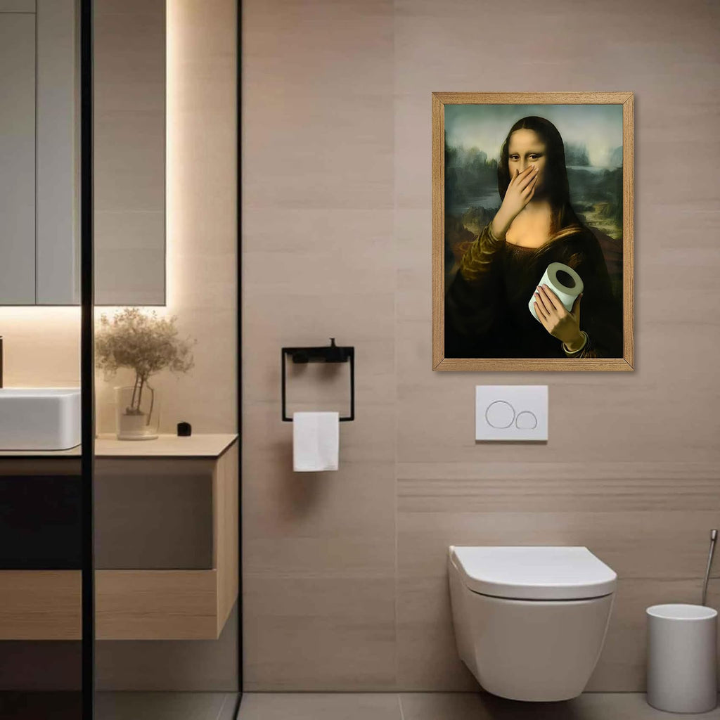 Wood Framed Funny Bathroom Canvas Wall Art Vintage Mona Lisa Wall Decor Humor Toilet Paper Pinching Nose Prints