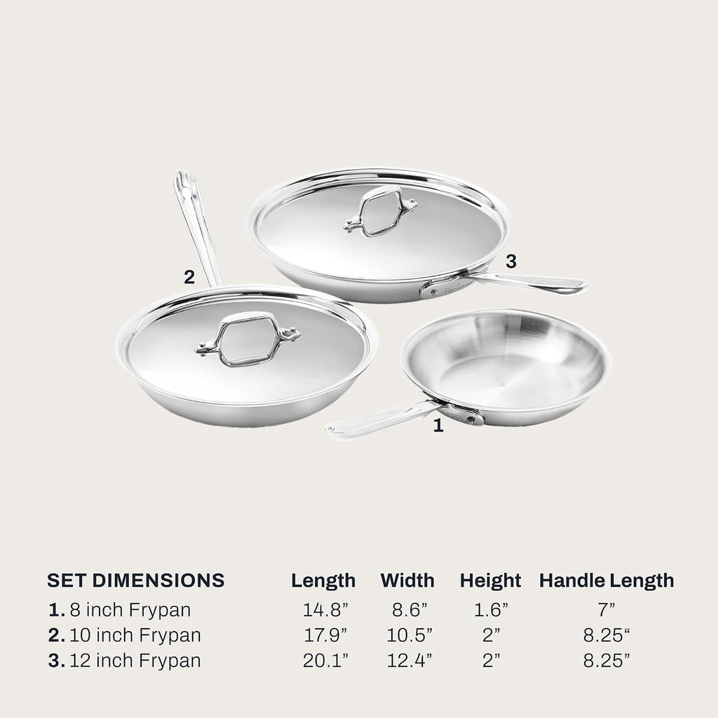 D3 Stainless Steel 5 Piece Frypan Set- USA- Includes 8", 10" and 12" Frying Pans With Lid - Professional Grade -Oven