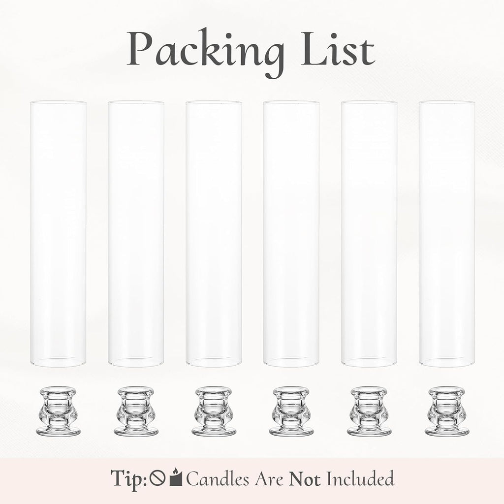 Hurricane Glass Candle Holders: 12" Tall Cylinder Cover Set of 6 | for 0.87" Taper, Windproof Chimney Cover, Clear