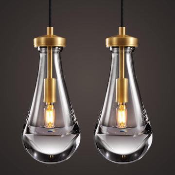 Raindrop Pendant Lights Kitchen Island Set of 2 Teardrop Gold Hanging Light Fixtures Clear Solid Glass Pendant Light Modern Chandeliers for Dining Room Porch Corridor Living Room