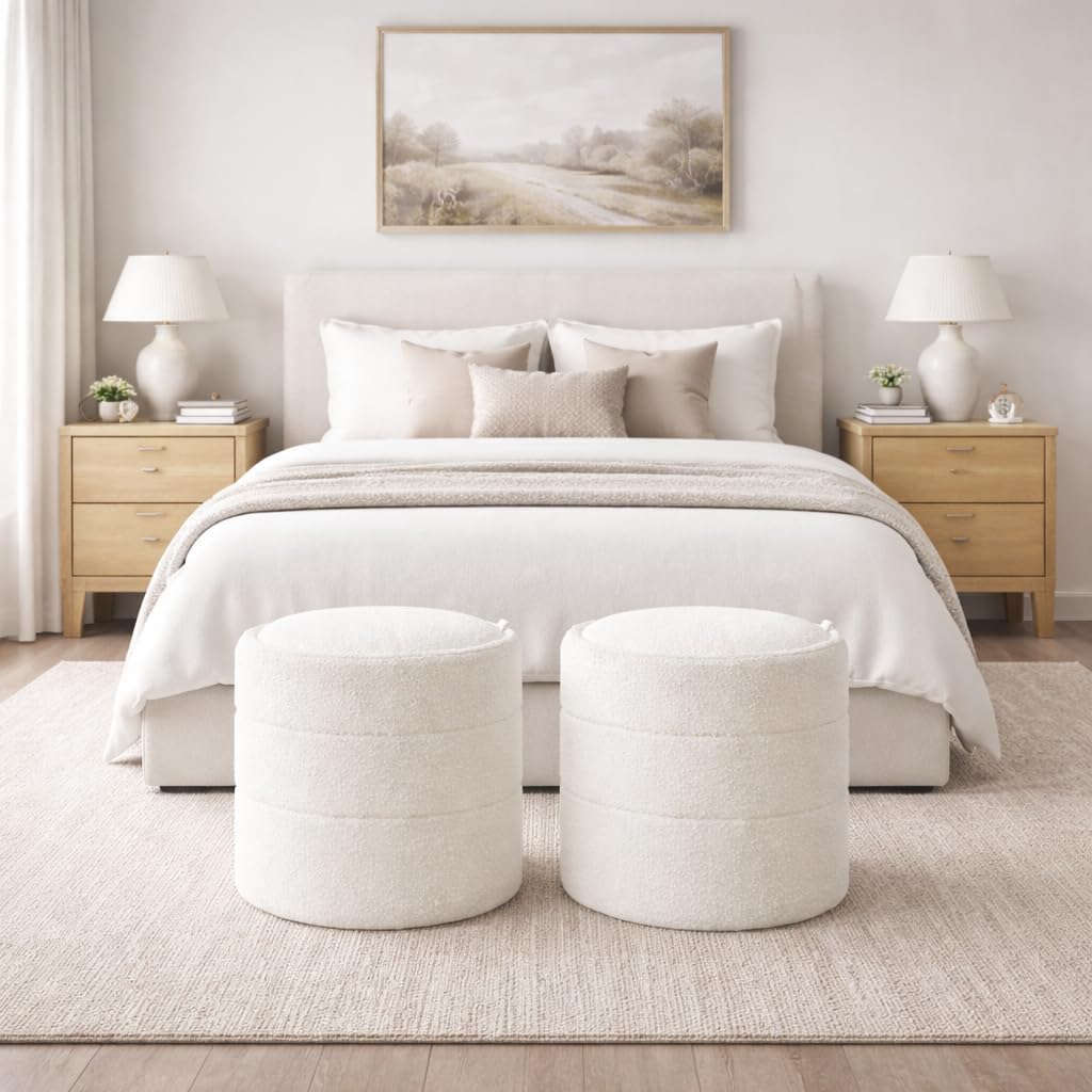 18" Storage Round Ottoman - Cream Boucle