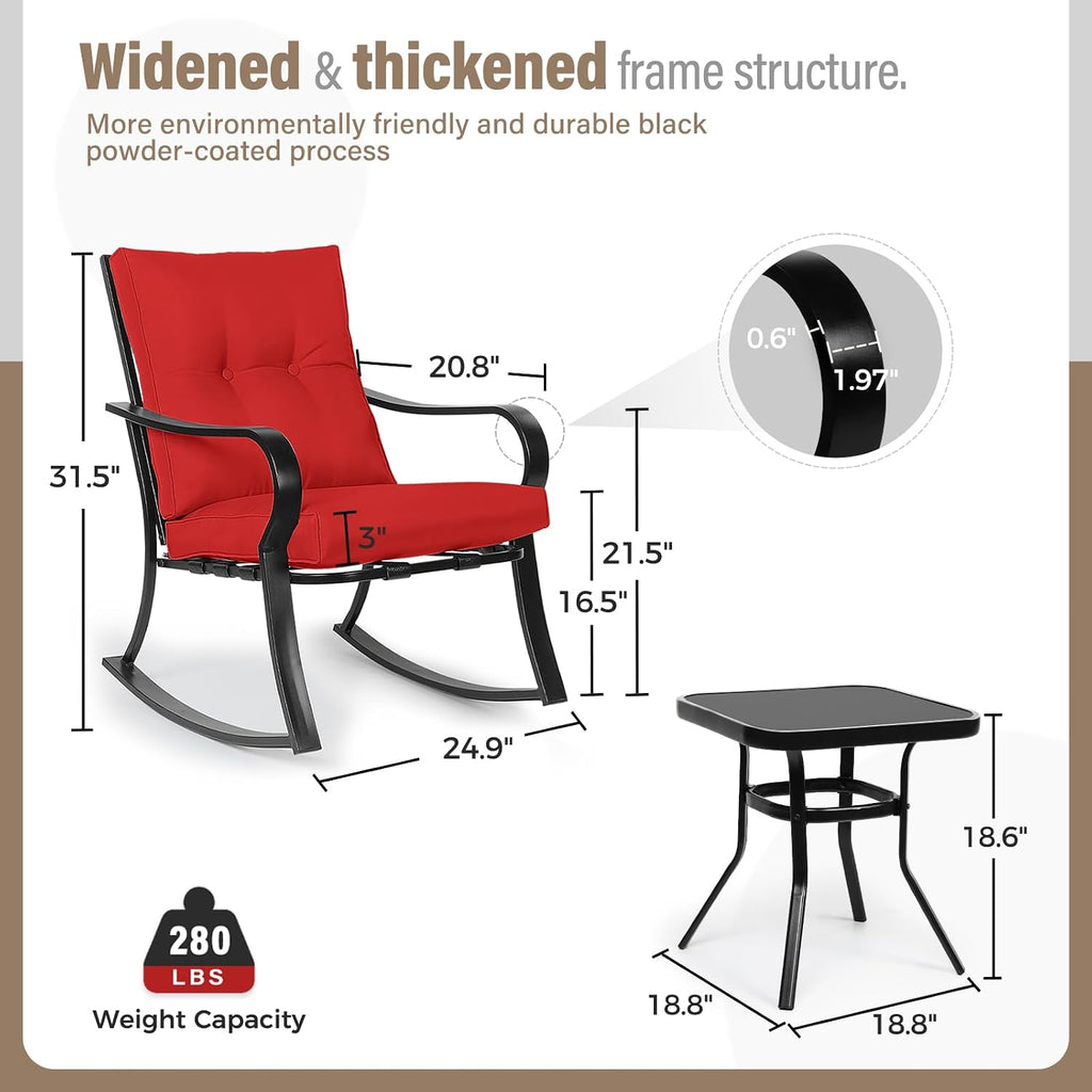 3-Piece Outdoor Rocking Chairs Bistro Set, Black Iron Patio Furniture with Red Thickened Cushion & Glass-Top Coffee