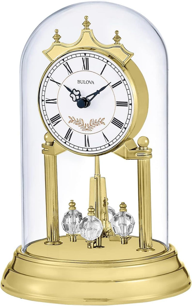 Bulova B8821 Heather Anniversary Clock - 9" Glass Dome Design - Rotating Crystal Pendulum - Westminster Chime - Engraving Plate