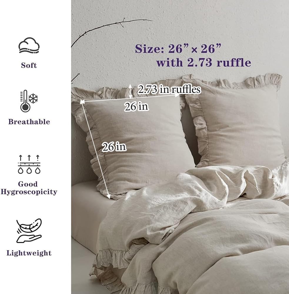 100% Linen Euro Sham Covers with Ruffle, 26x26 Inch Pillow Covers Set of 2, Euro Pillow Shams, Natural Linen