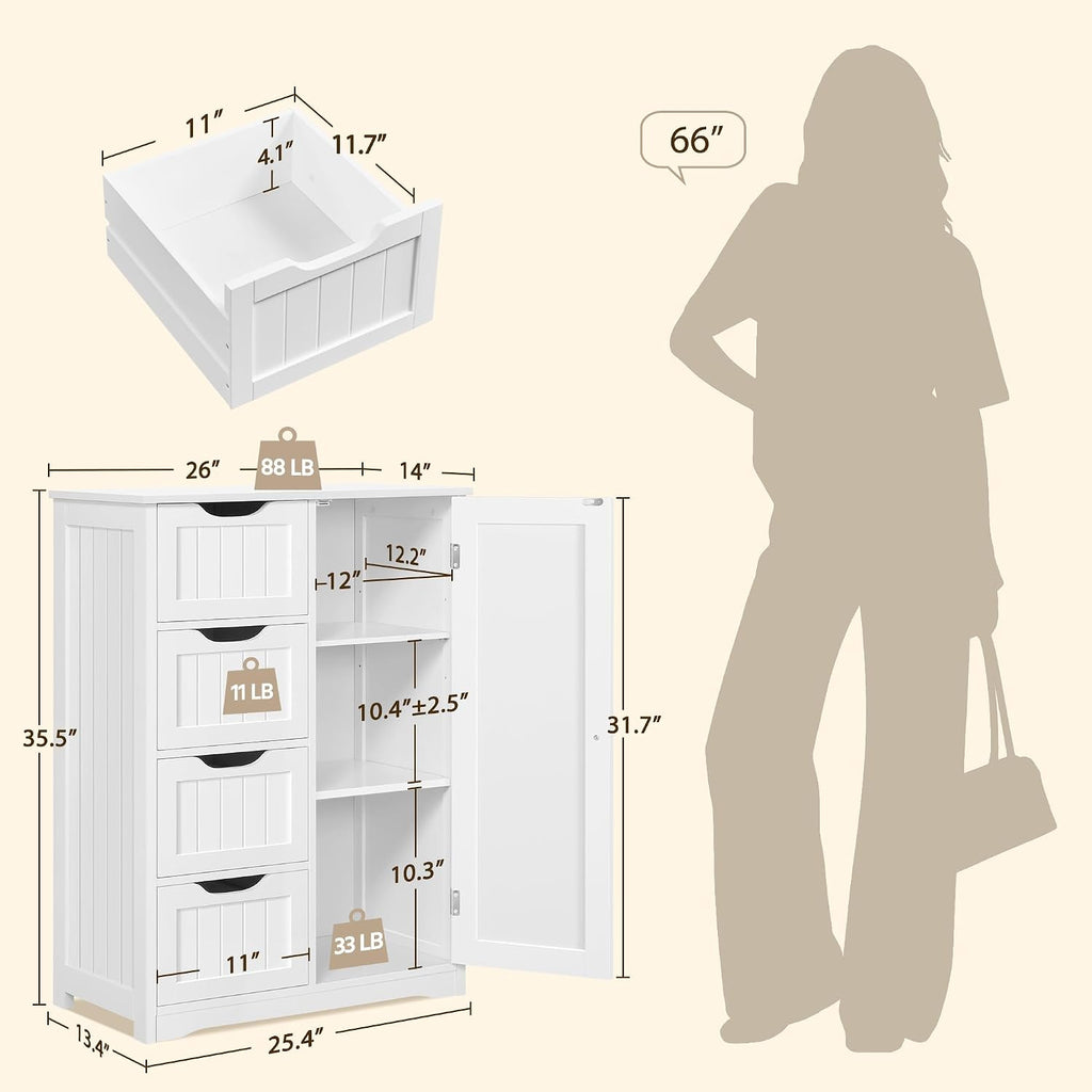 Bathroom Storage Cabinet with 4 Beadboard Drawers and Door, White | Floor Cabinet Hides Towels and Toiletries in