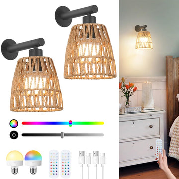 Boho Battery Operated Wall Sconces, Rattan Wall Sconce Set of 2 with Remote, RGB 15 Colors Dimmable Rechargeable Wall