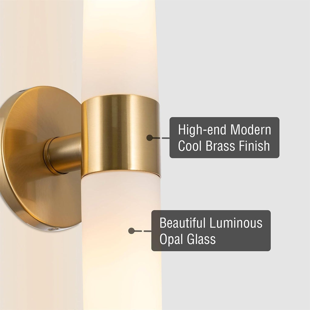 Duo 21" Modern Gold Wall Sconce with Frosted Glass Cylinder Shades, Linear 2-Light Gold Wall Light, Cool Brass Finish
