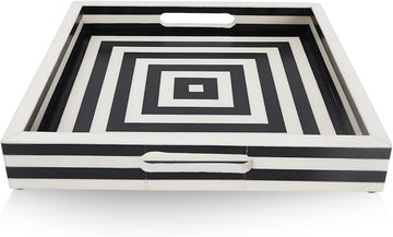12x12 Decorative Tray for Coffee Table, Centerpiece & Vanity, Black and White Resin Inlay Concentric Pattern Inspired