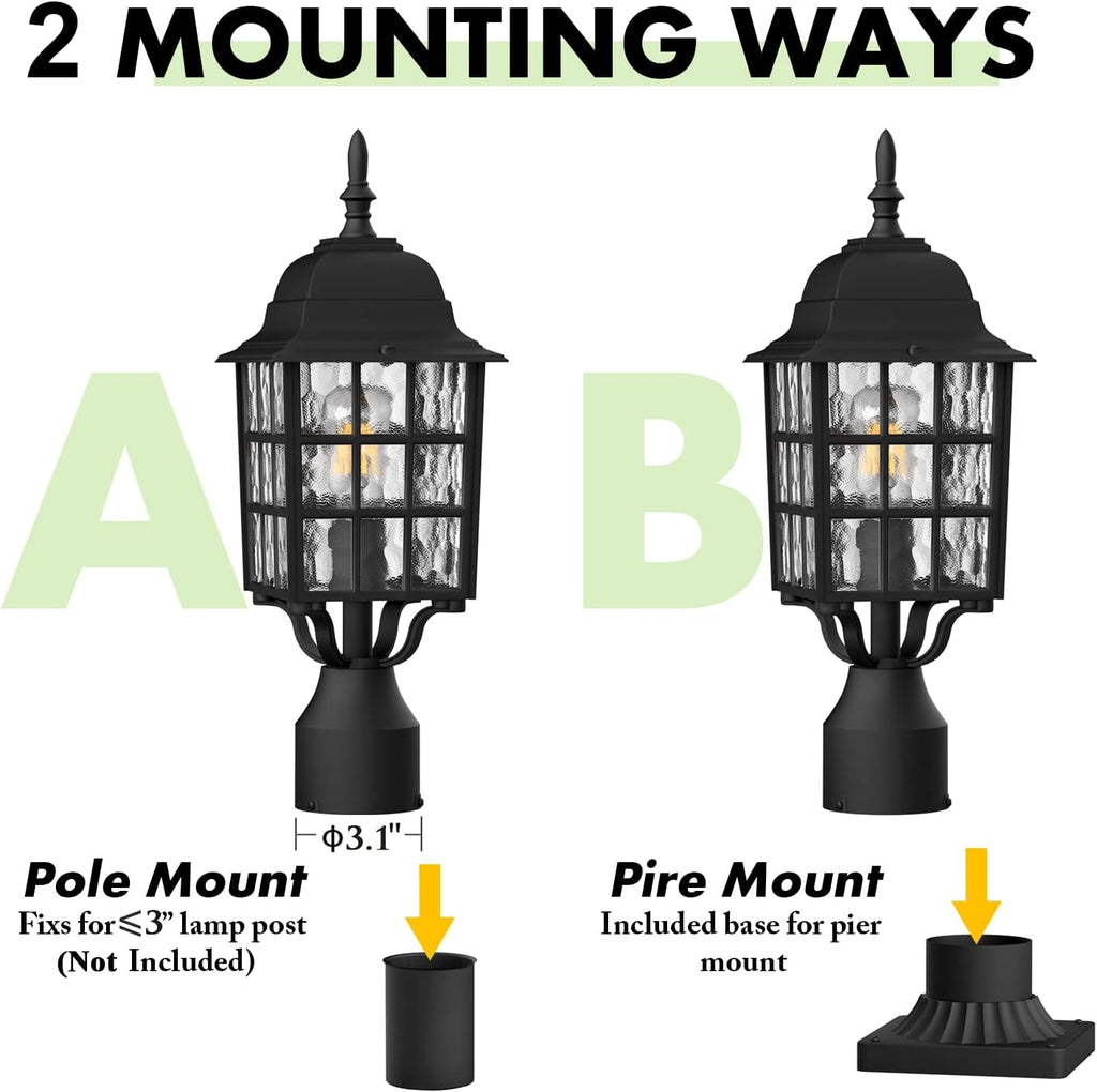 Outdoor Post Light 2-Pack, Exterior Lamp Post Light Fixture with Pier Mount Base, Exterior Pole Lantern Light