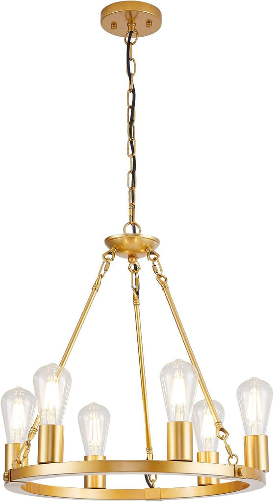 Inspired Camino Style Chandelier - 6 Lights Gold Wagon Wheel Chandelier, Modern Golden Pendant Lights Fixtures for Living Room, Bedroom, Entryway, Foyer, Haning Light with 18.1", E26 Bulbs