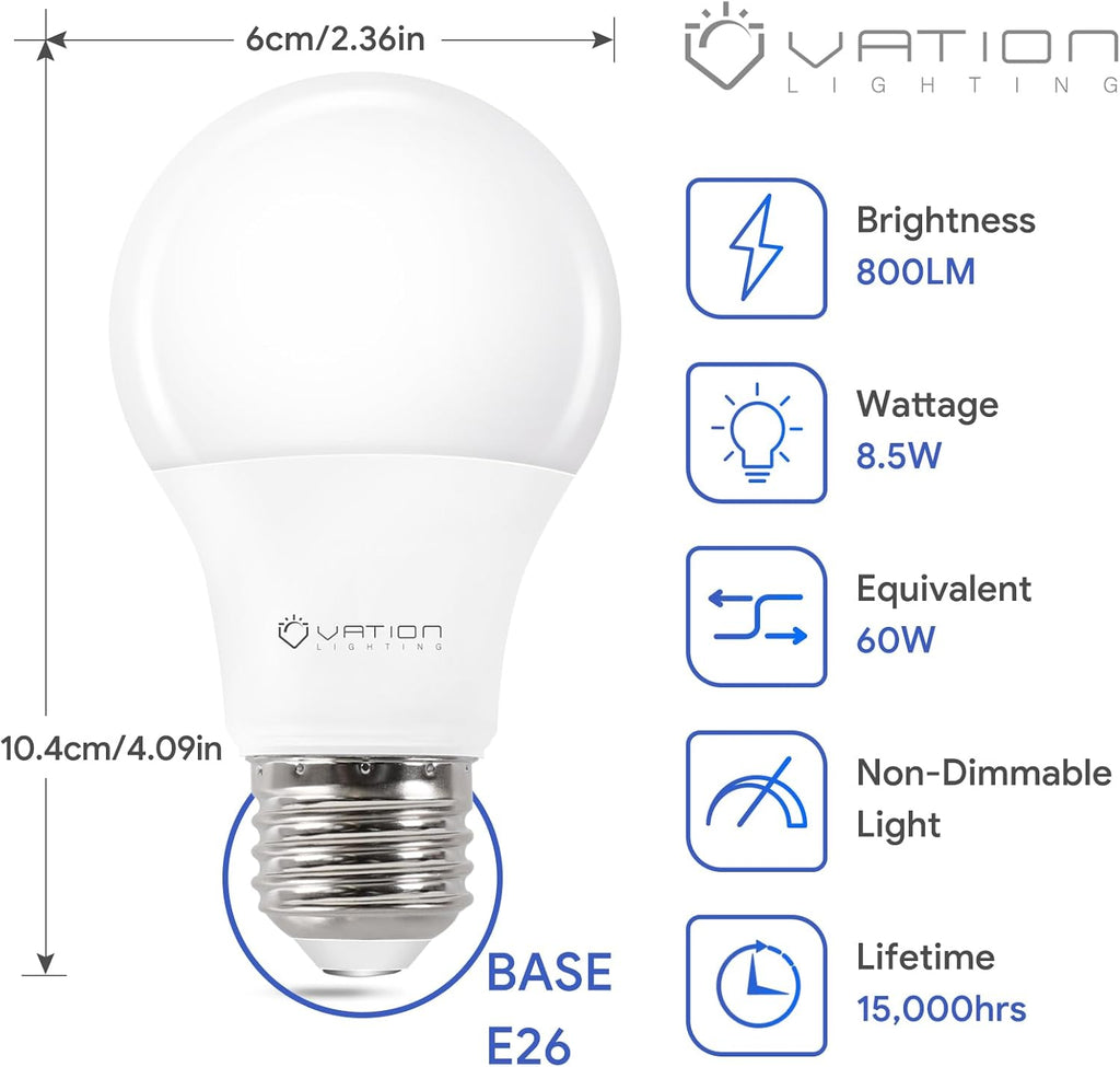 24 Pack A19 LED Light Bulb Daylight 5000K LED Bulbs, 60 Watt Equivalent, Efficient 8.5 Watt, 800 Lumens, E26 Medium