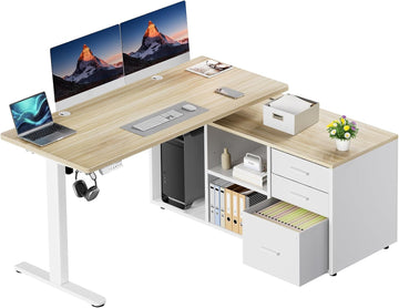 55′′ L Shaped Standing Desk with Drawers, Adjustable, Light Walnut | Electric Executive Desk with File Cabinet Sets