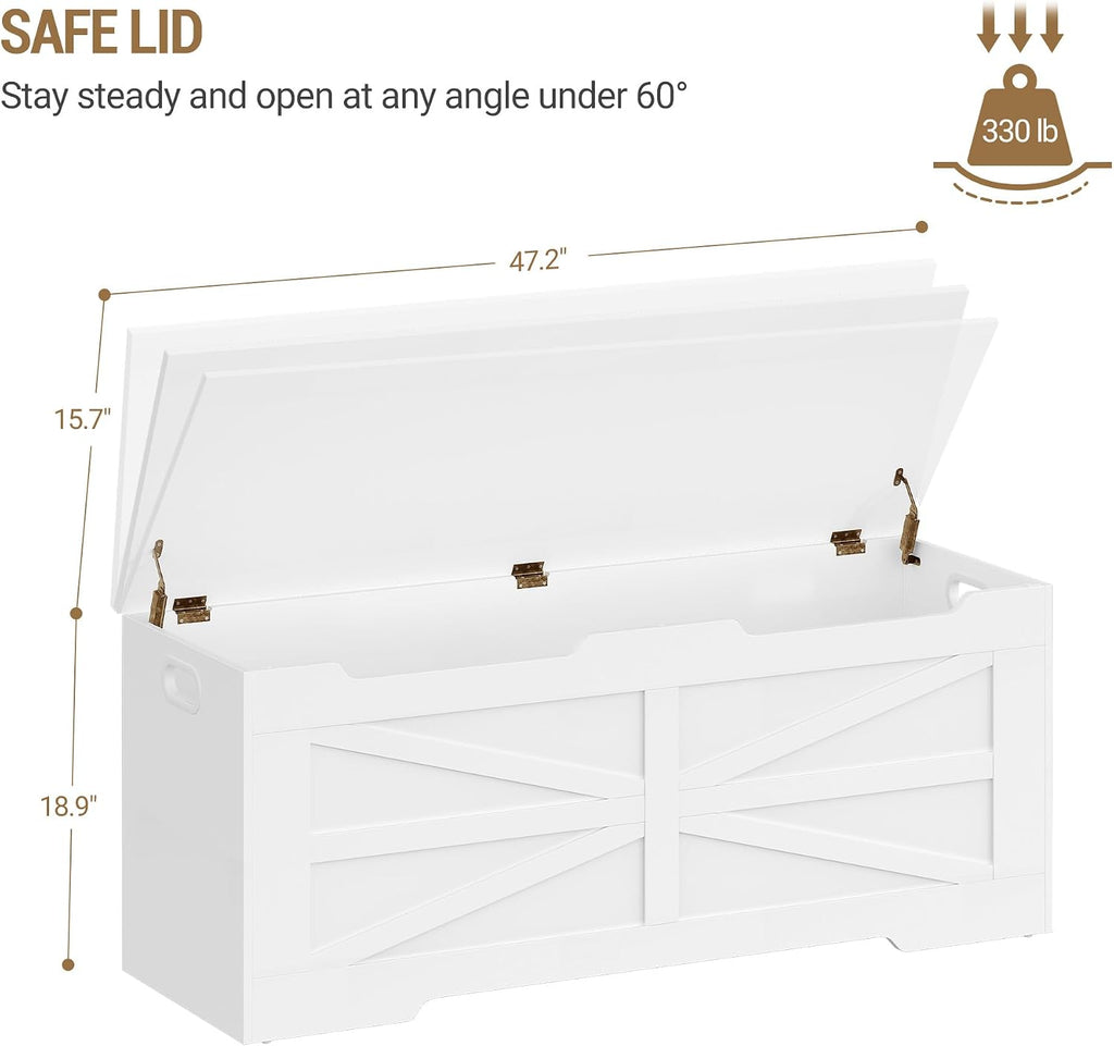 47" Large Storage Bench, 225L/59Gal FSC Wood Chest | Pure White | 330lb Seating | Double Hinges | Bedroom Blanket