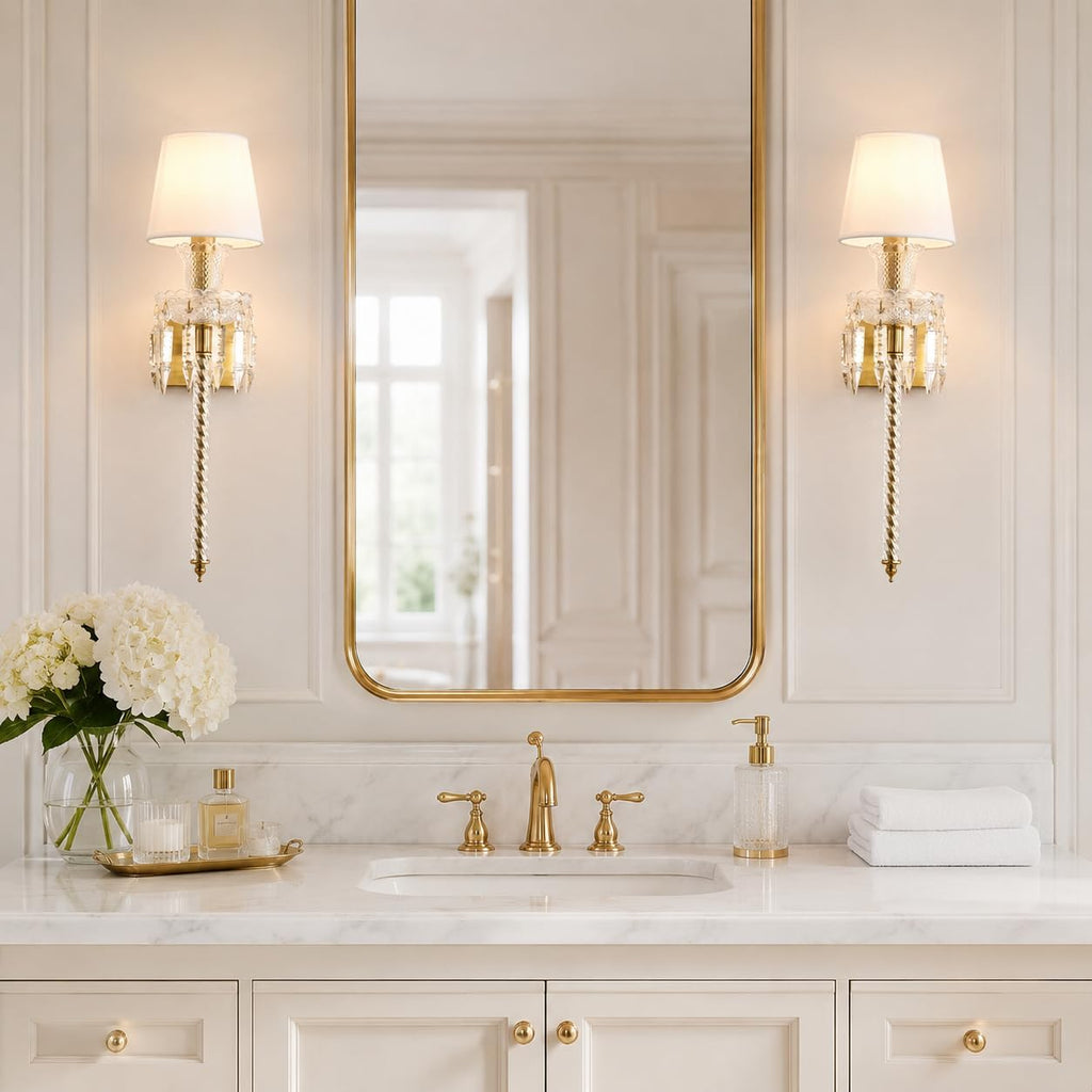 Modern Crystal Wall Sconce with Linen Shade Vintage Crystal Gold Wall Light Modern Glass Golden Wall Lamp for Bedroom, Hallway, Living Room, Mirror
