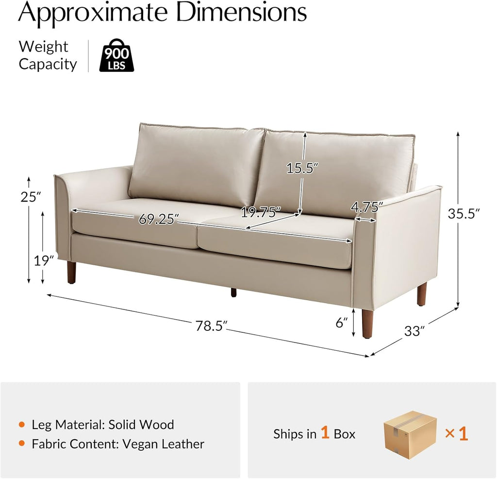 HOME 78" Faux Leather Sofa with Solid Wood Legs