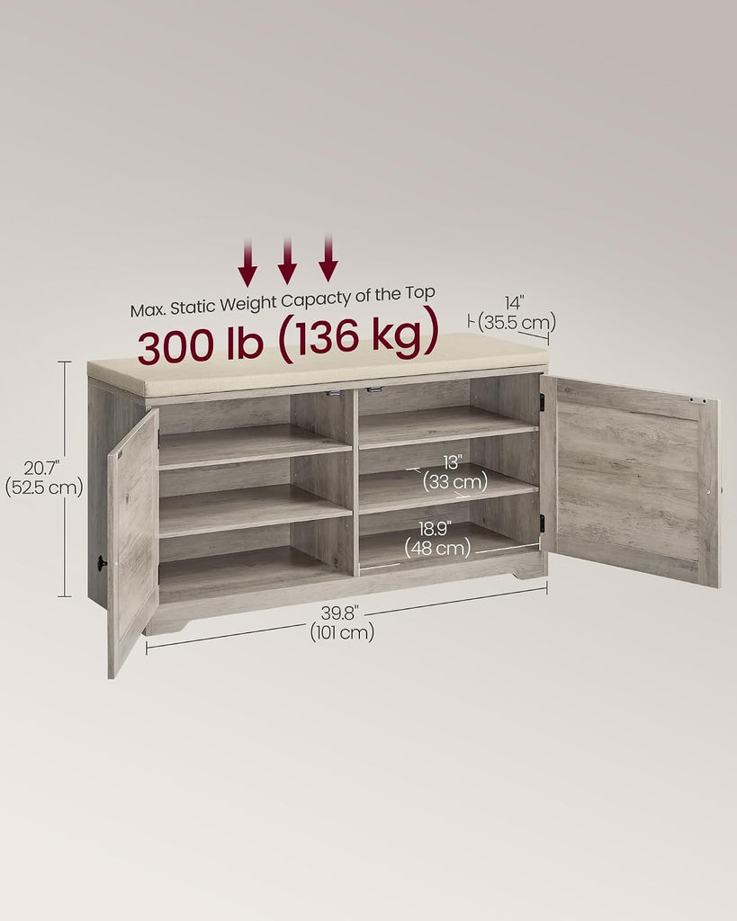 Shoe Storage Bench with Cushion, 3-Tier Entryway Bench with Padded Seat, Doors, Adjustable Shelves, 14 x 39.8 x 20.7