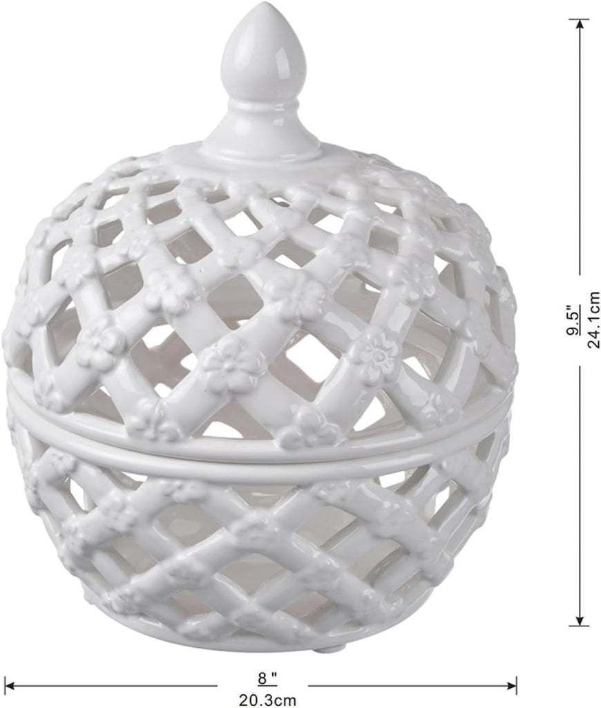 D8X9.5 White Ceramic Lidded Jar with Lattice Design - White - Delicate Lattice Design with Tiny Flowers - Tabletop