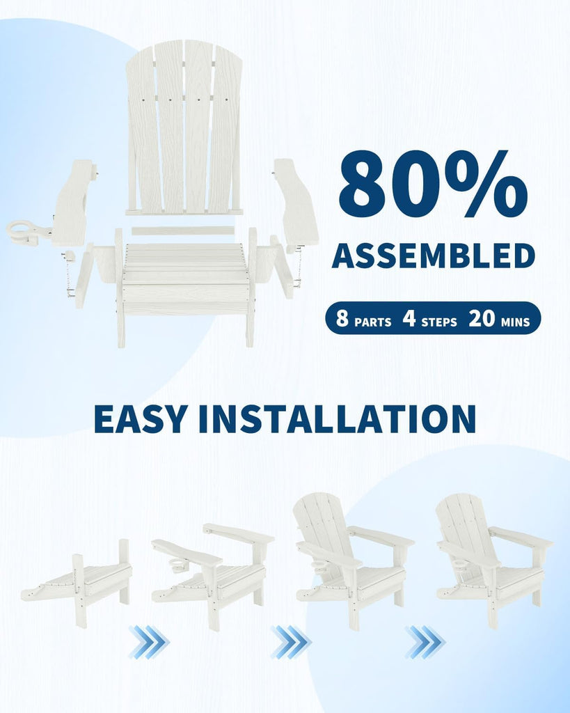 Folding Adirondack Chair, Weather Resistant HDPE Outdoor Patio Chair with Wood Grain Texture, Collapsible Durable &