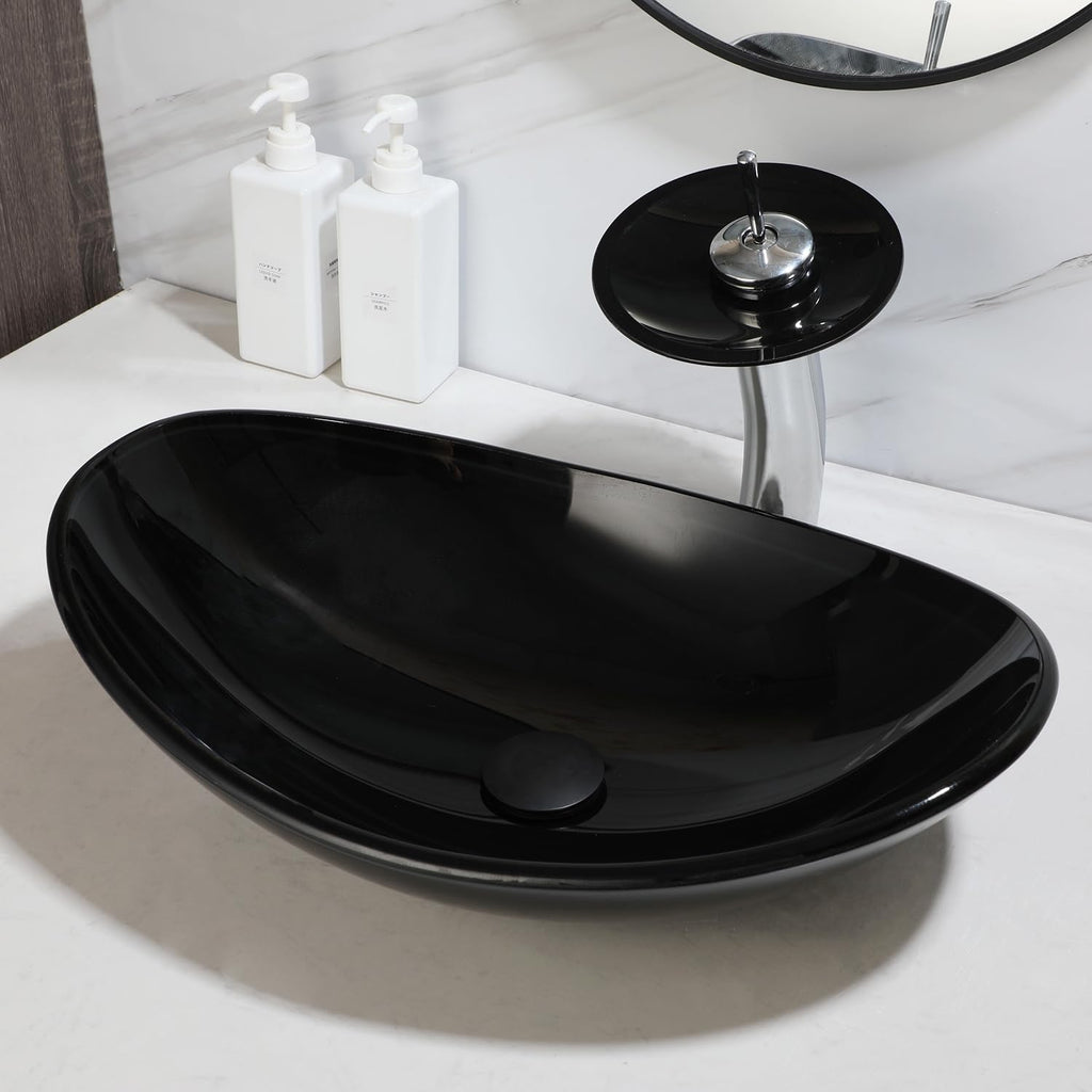 Black Oval Bathroom Vessel Sink Tempered Glass Washing Bowl Combo Above Counter Chrome Waterfall Faucet Pop Up Drain Set