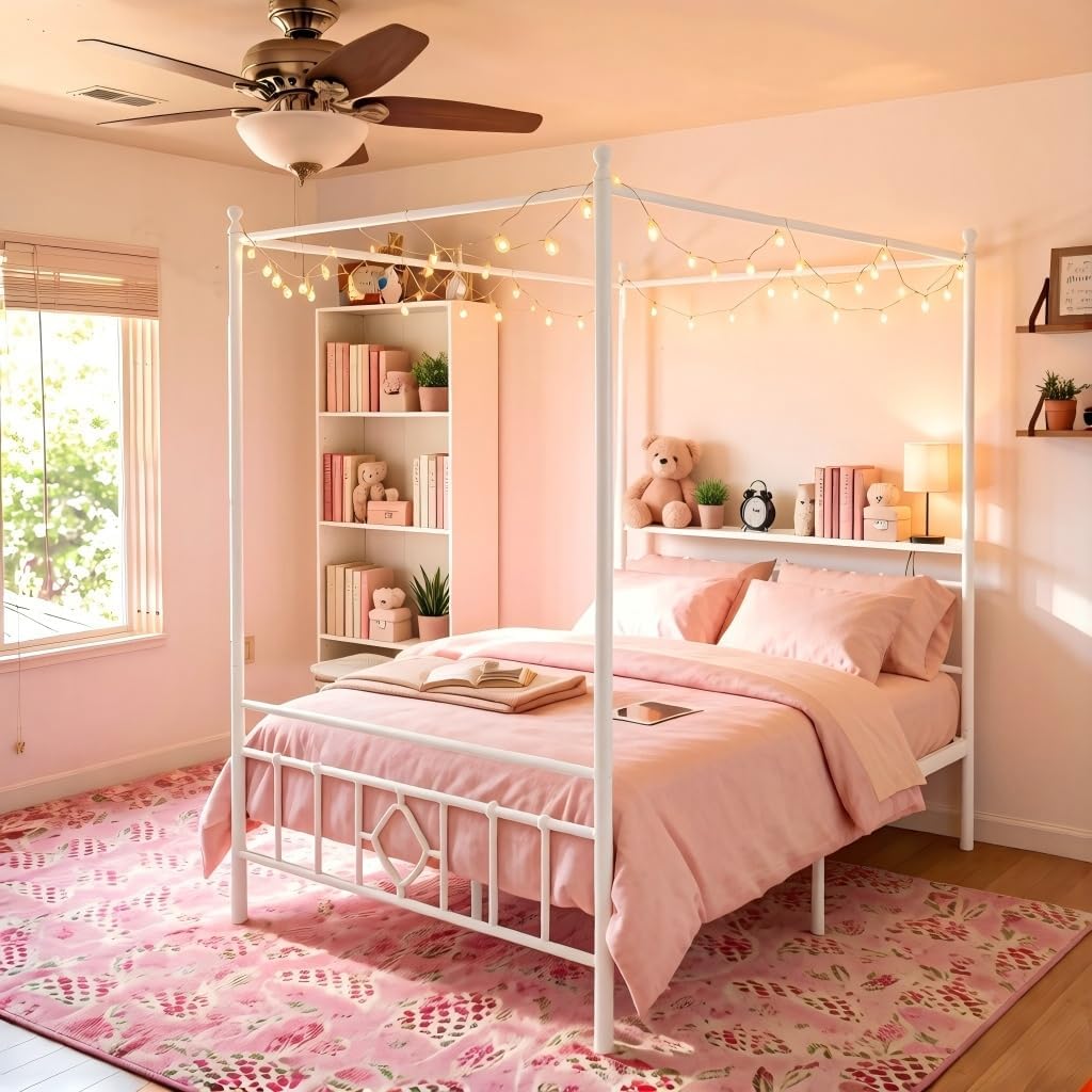 Twin Canopy Bed Frame with Storage Headboard,Noise-Free,White | 4 removable posts for dual-purpose style,Sturdy metal