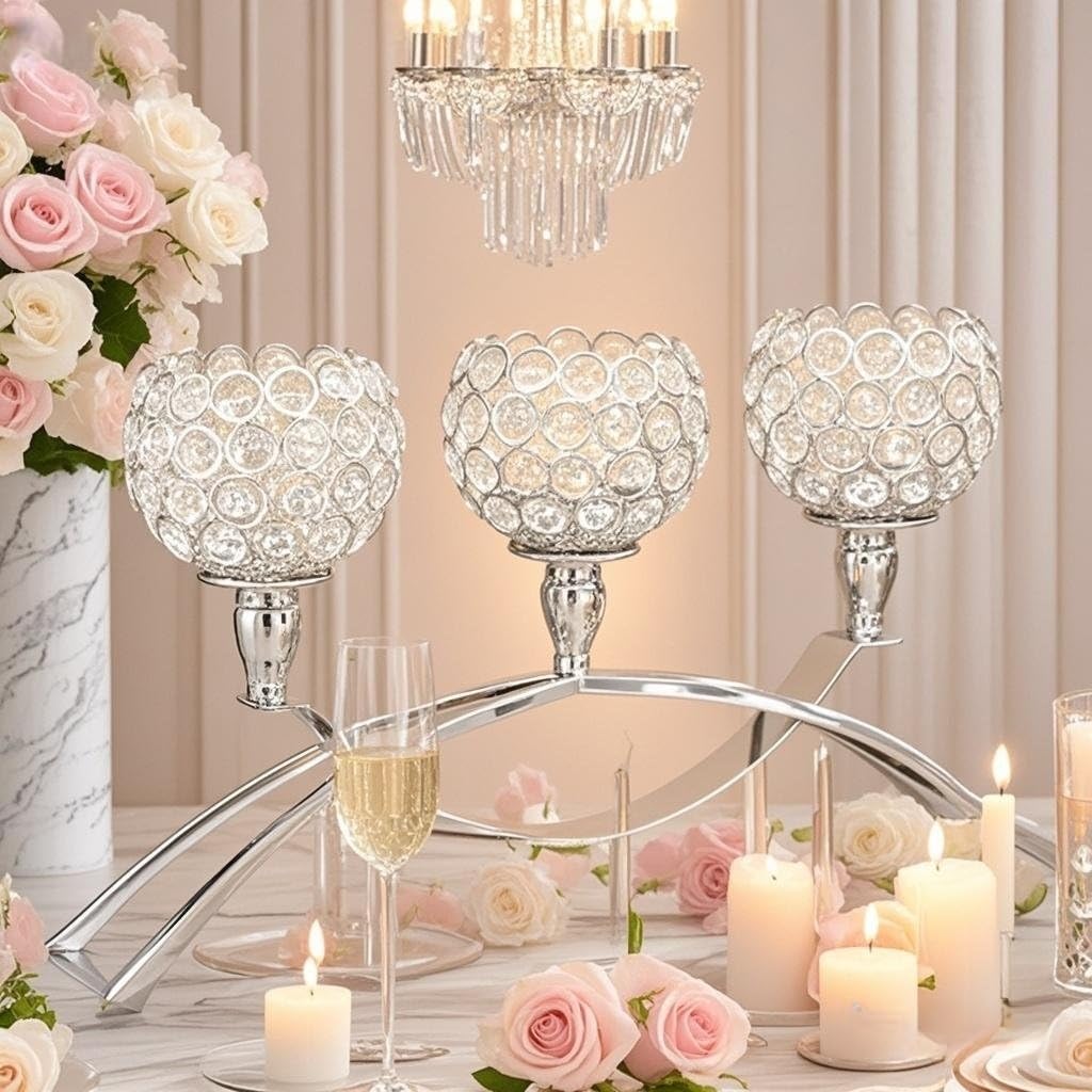 Crystal Candle Holders 3 Arms Silver Candelabras,Candle Holder, Crystal Table Centerpieces,Buffet Cabinet Candelabra