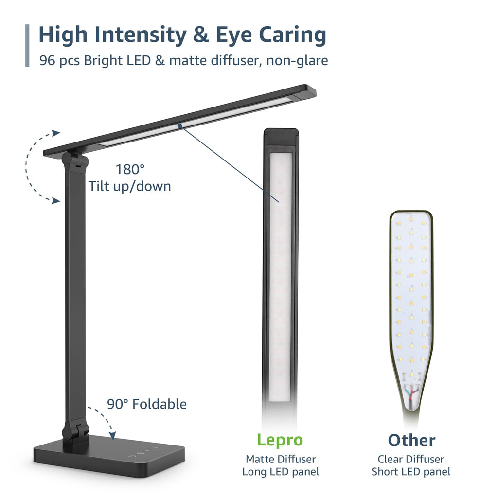 Desk Lamp with USB Charging Port, 650LM 9.5W, Black