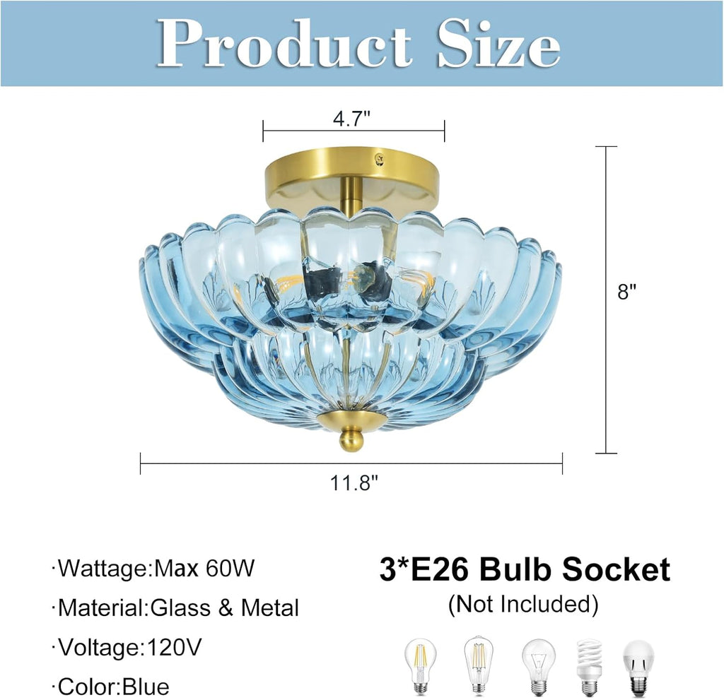 3-Light 12 Inch Blue Semi Flush Mount Ceiling Light | Modern Flush Mount Ceiling Light with Flower Glass Shade