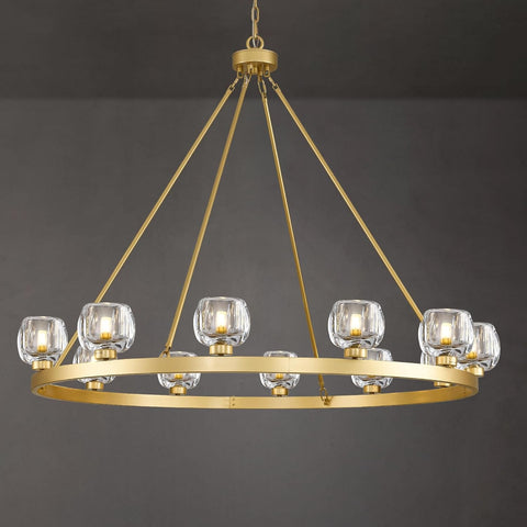 Gold Wagon Wheel Chandelier, 48 Inch Brass Chandeliers with Unique Glass Shade, 12-Light Crystal Large Wagon Wheel Chandeliers for Dining Room, High Ceiling Round Chandelier for Living Room, Foyer A126-B0DT4C7P38