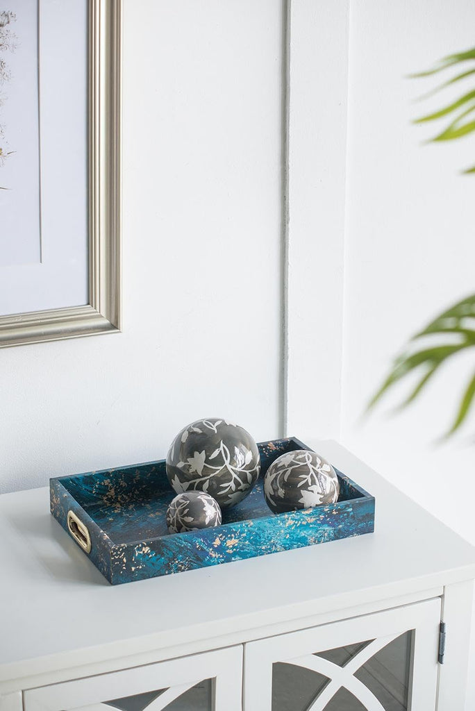 Set of 3 Ceramic Decorative Spheres - Handcrafted Floral Gray Orbs, Different Sizes, Decor, Tabletop Accent, Shelf