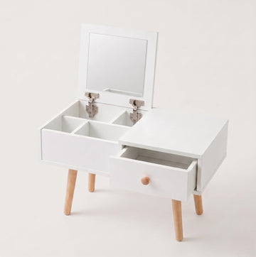2-in-1 Floor Makeup Vanity & Nightstand - Modern Low-Profile Dressing Table with Solid Wood Legs - Compact Bedroom