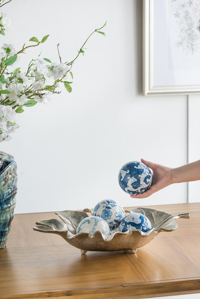 Set of 4 Ceramic Decorative Spheres - Handcrafted Blue and White Coastal Floral Orbs Decor, Tabletop Accent, Shelf