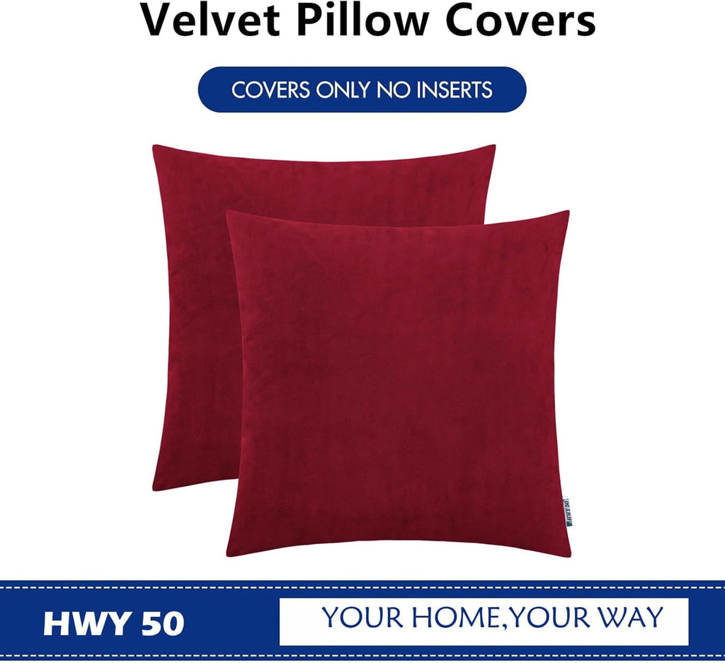 Burgundy Red Velvet Throw Pillow Covers 18x18 Inch, Pack of 2 Soft Cozy Solid Decorative Luxury Cushion Cases