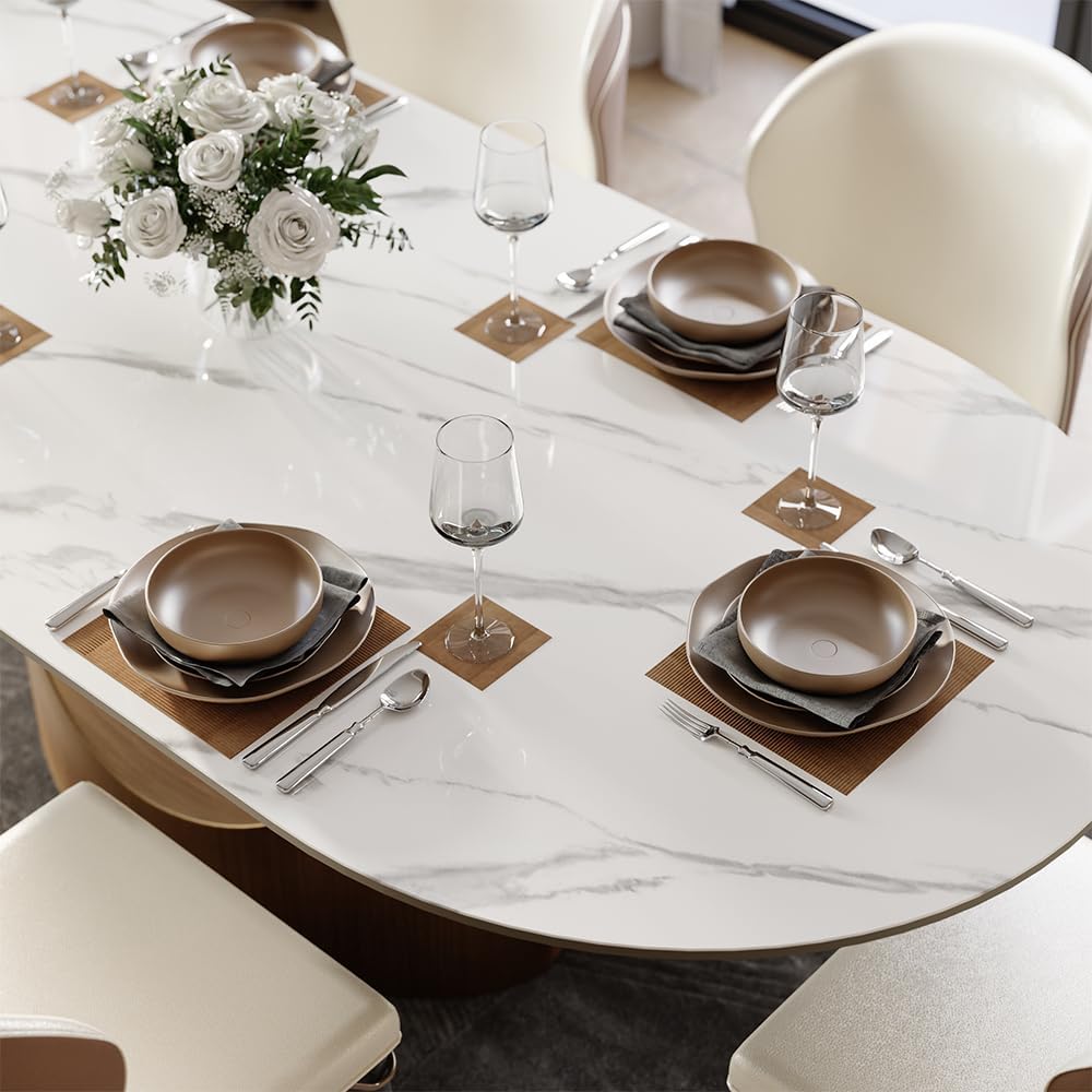 Modern Dining Table,71" Oval Sintered Stone Table with Bronze Carbon Steel Base for Dining Room,Kitchen,Home