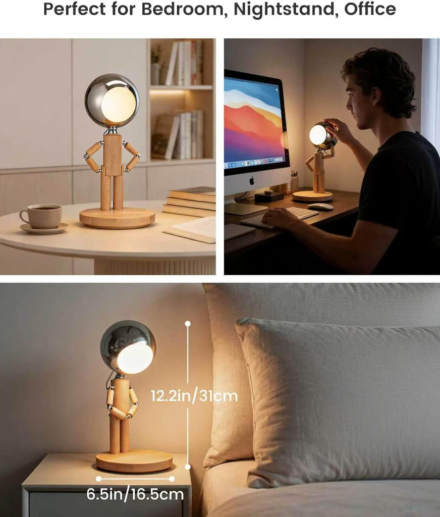 Rechargeable Cordless Desk Lamp, Creative Wooden Table Lamp with 3 Color &Stepless Dimming, Adjustable Pause Moon Lamp