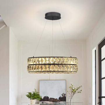 Modern Led Ring Chandelier - Dimmable Crystal Light Fixture for Living & Dining Room - Adjustable 15.7inch Black