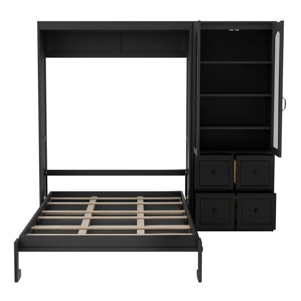 Queen Murphy Bed with Storage Drawers and Cabinet, Solid Wood Foldable Hidden Vertical Murphy Wall Bed with Storage